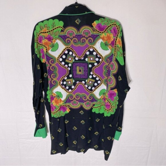 Vintage Lori Weidner Black Green Purple Bold Print Open Front Light Jacket 8 - Picture 1 of 14